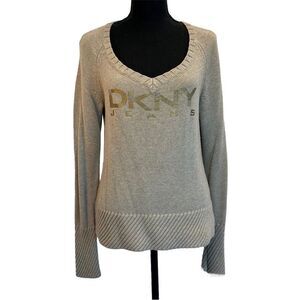 Dkny beige brown long sleeve V-neck metallic logo knit sweater Sz L